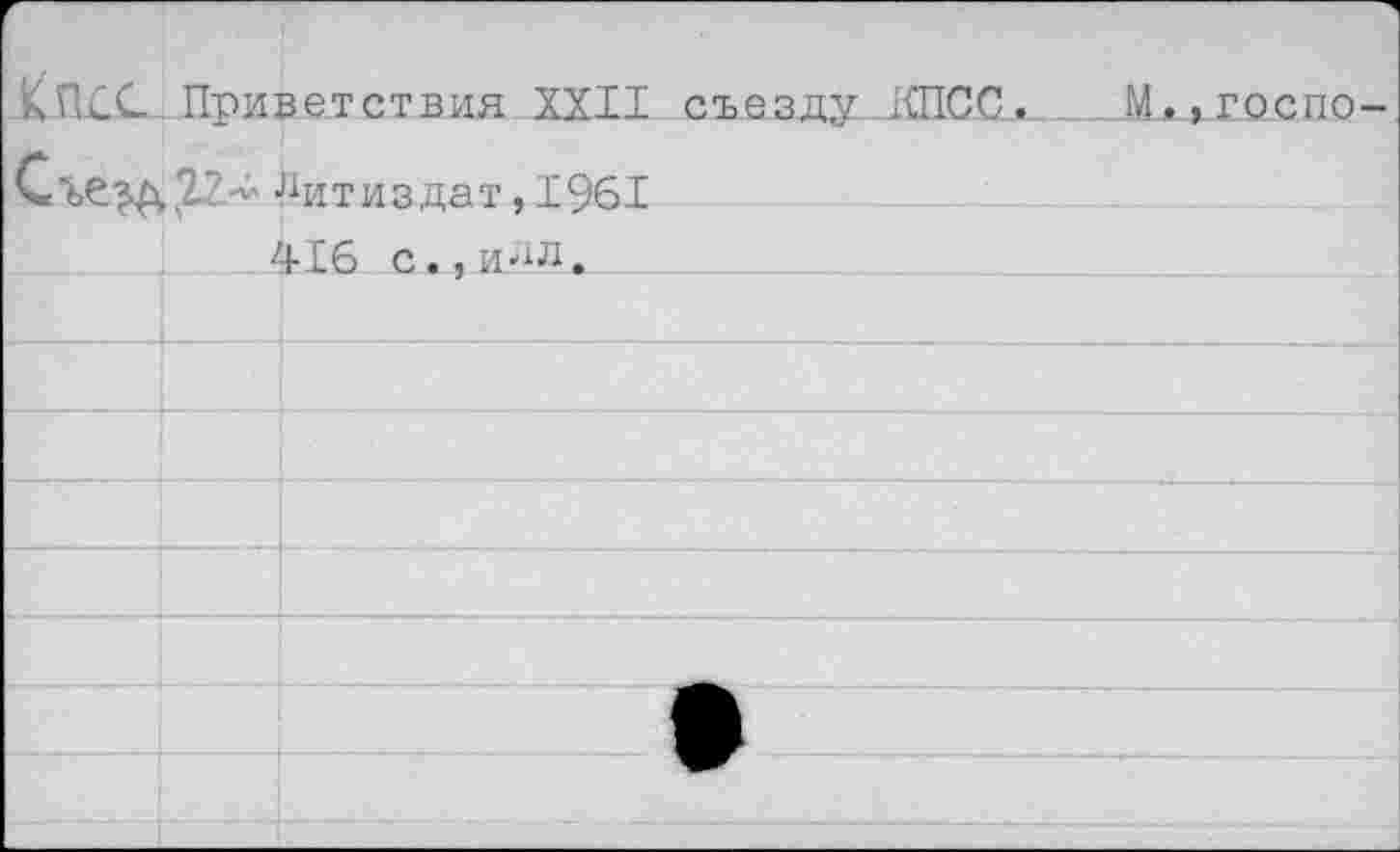 ﻿КП£С. Приветствия XXII съезду .КПСС. М^г.оспо Съезд 2-"% литиздат, 1961 416 с.,илл.